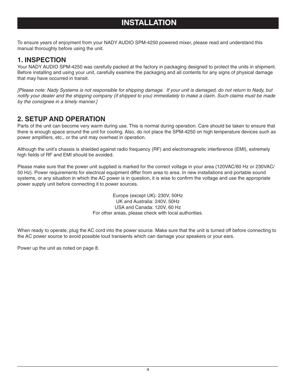 Installation, Inspection, Setup and operation | Nady Systems SPM-4250 User Manual | Page 4 / 12