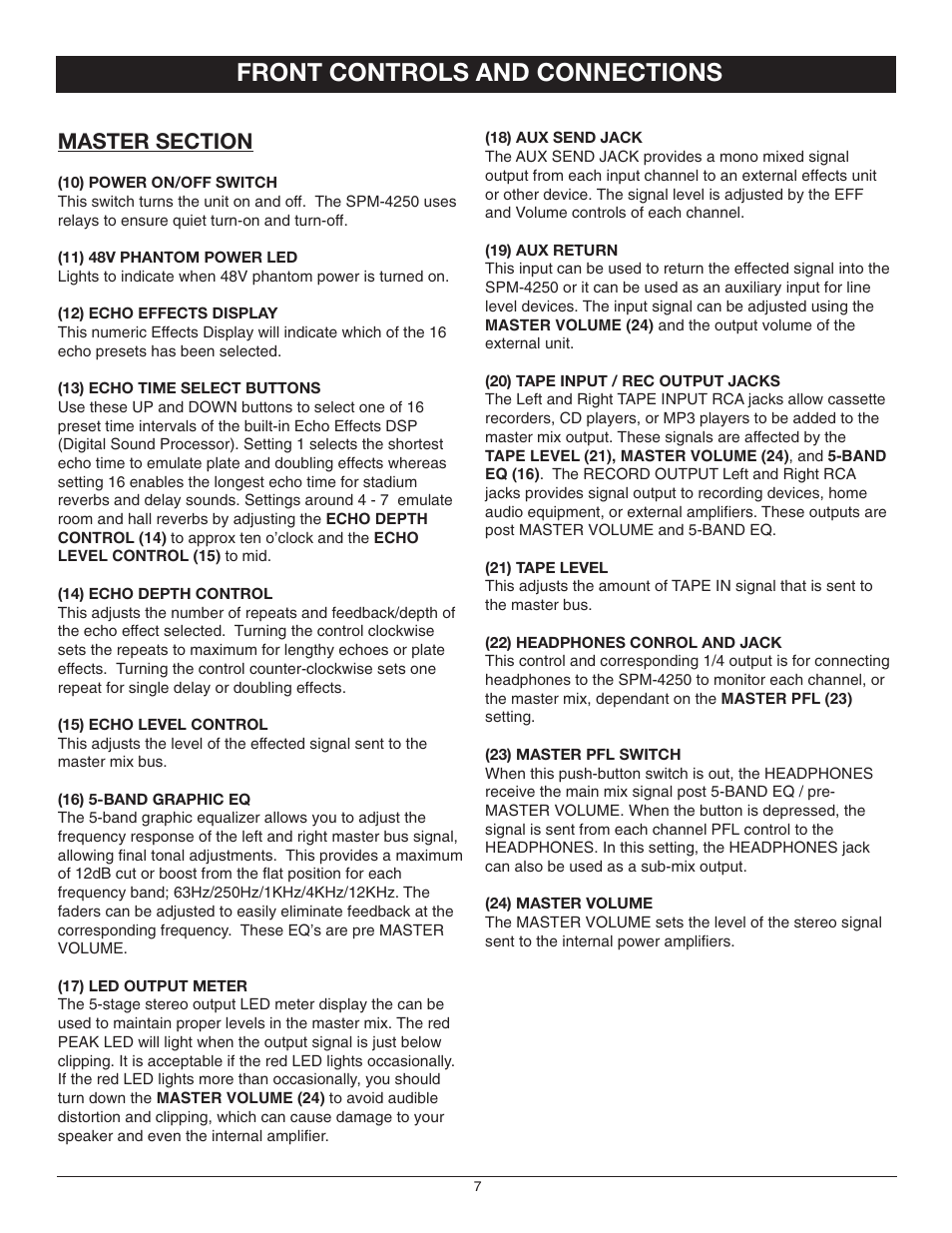 Front controls and connections | Nady Systems SPM-4250 User Manual | Page 7 / 12