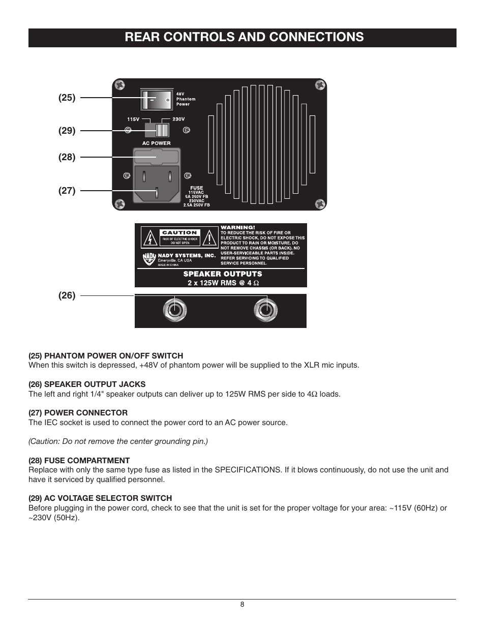 Rear controls and connections | Nady Systems SPM-4250 User Manual | Page 8 / 12