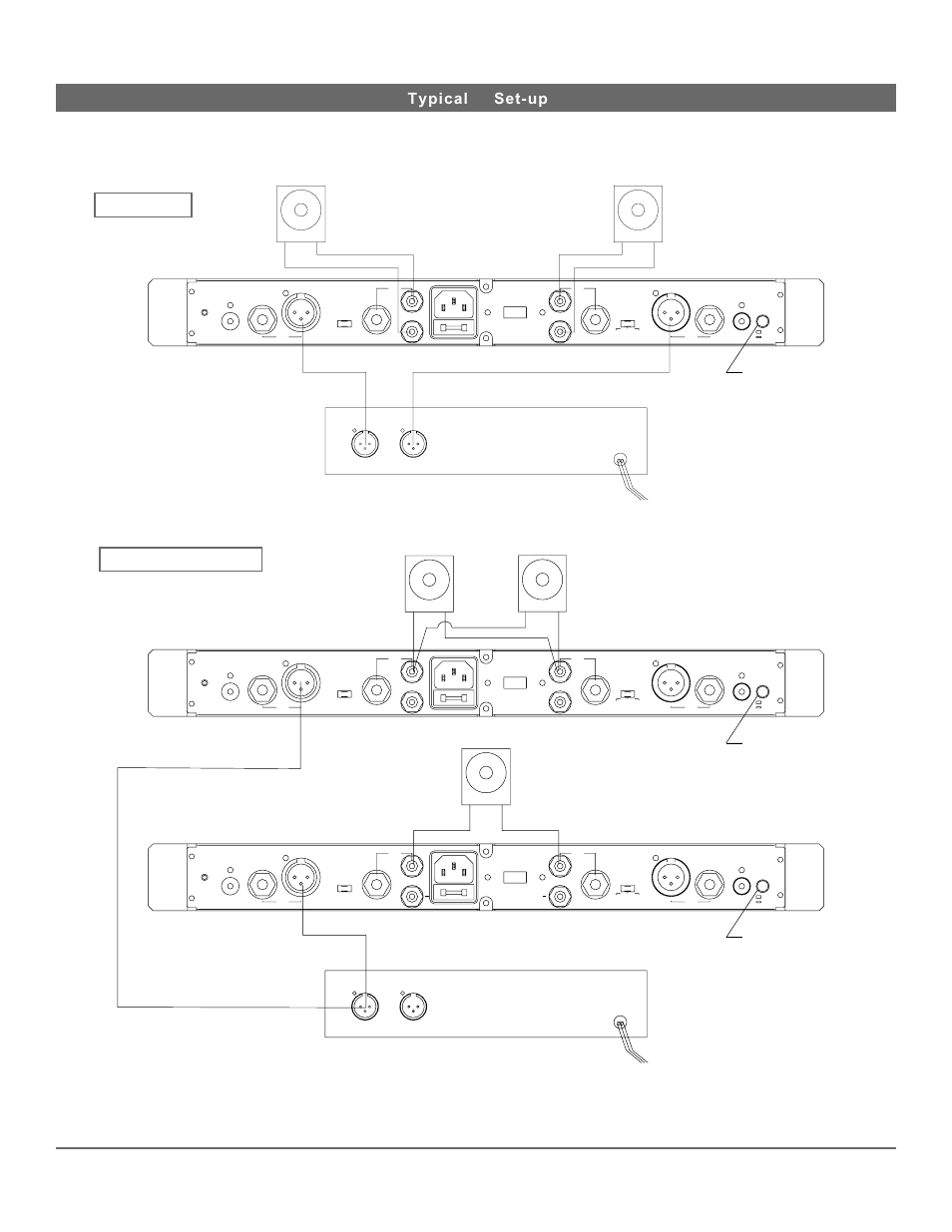 Stereo, Mono bridged, 2 speakers 1 speaker | Stereo mono bridged, Typical set-up, Speaker 2, Set to stereo speaker, Speaker set to mono, Speaker 1 | Nady Systems SRA 2150 User Manual | Page 6 / 8