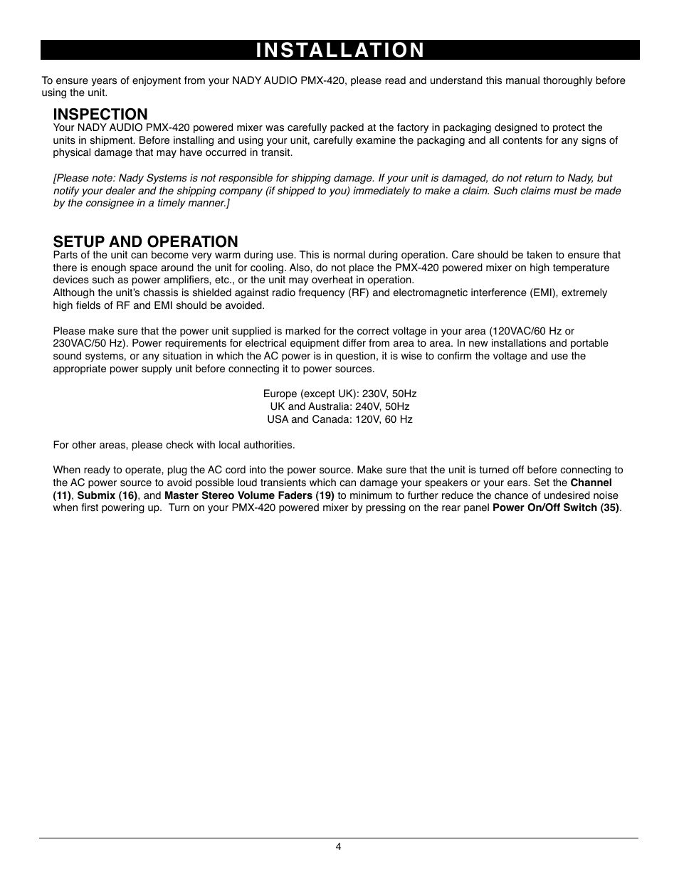 I n s ta l l at i o n, Inspection, Setup and operation | Nady Systems PMX-420 User Manual | Page 4 / 12