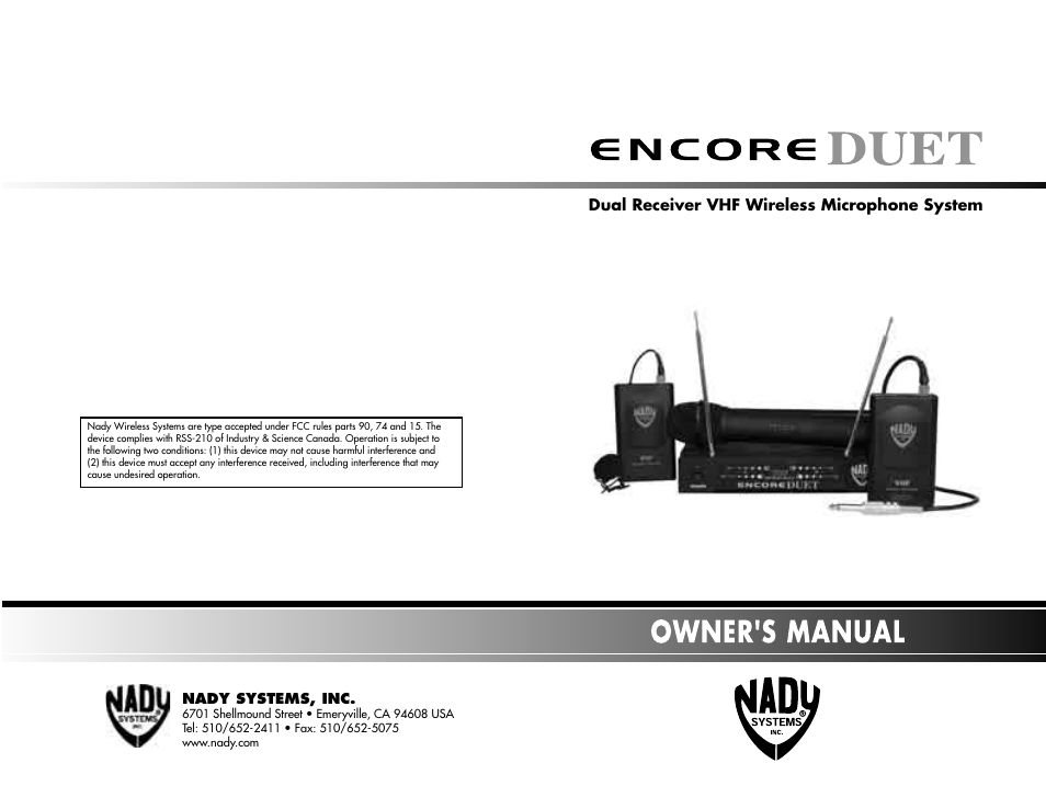 Nady Systems Dual Receiver VHF Wireless Microphone System Encore Duet User Manual | 10 pages