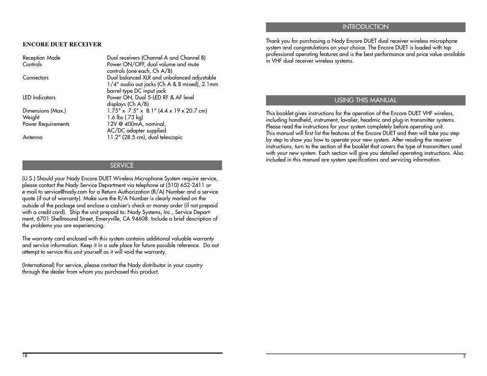 Nady Systems Dual Receiver VHF Wireless Microphone System Encore Duet User Manual | Page 3 / 10