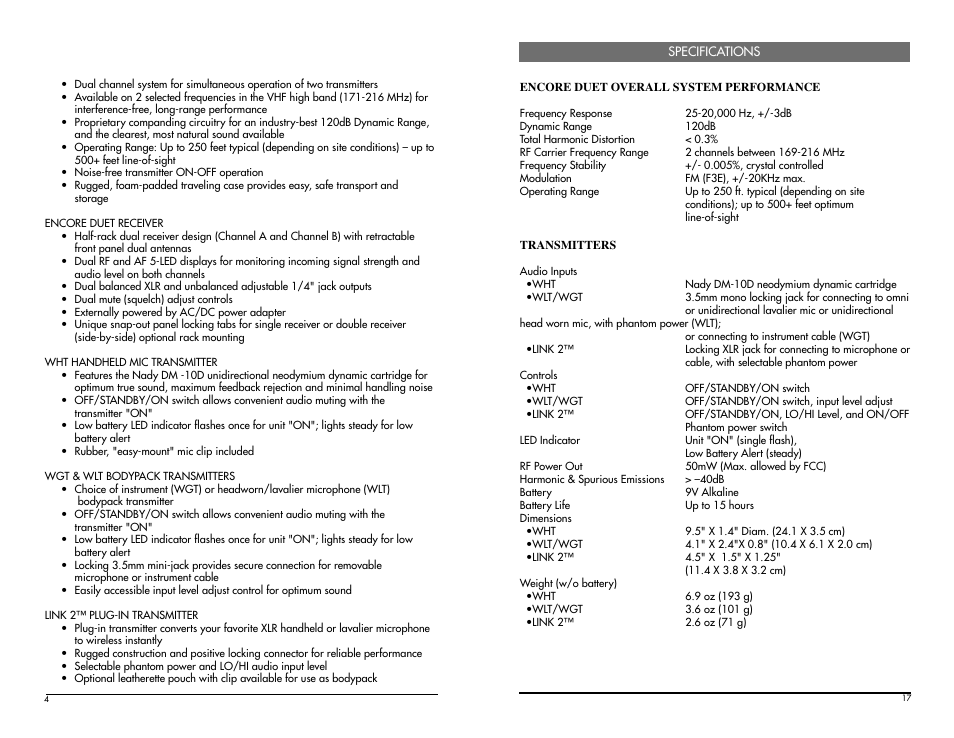 Nady Systems Dual Receiver VHF Wireless Microphone System Encore Duet User Manual | Page 4 / 10