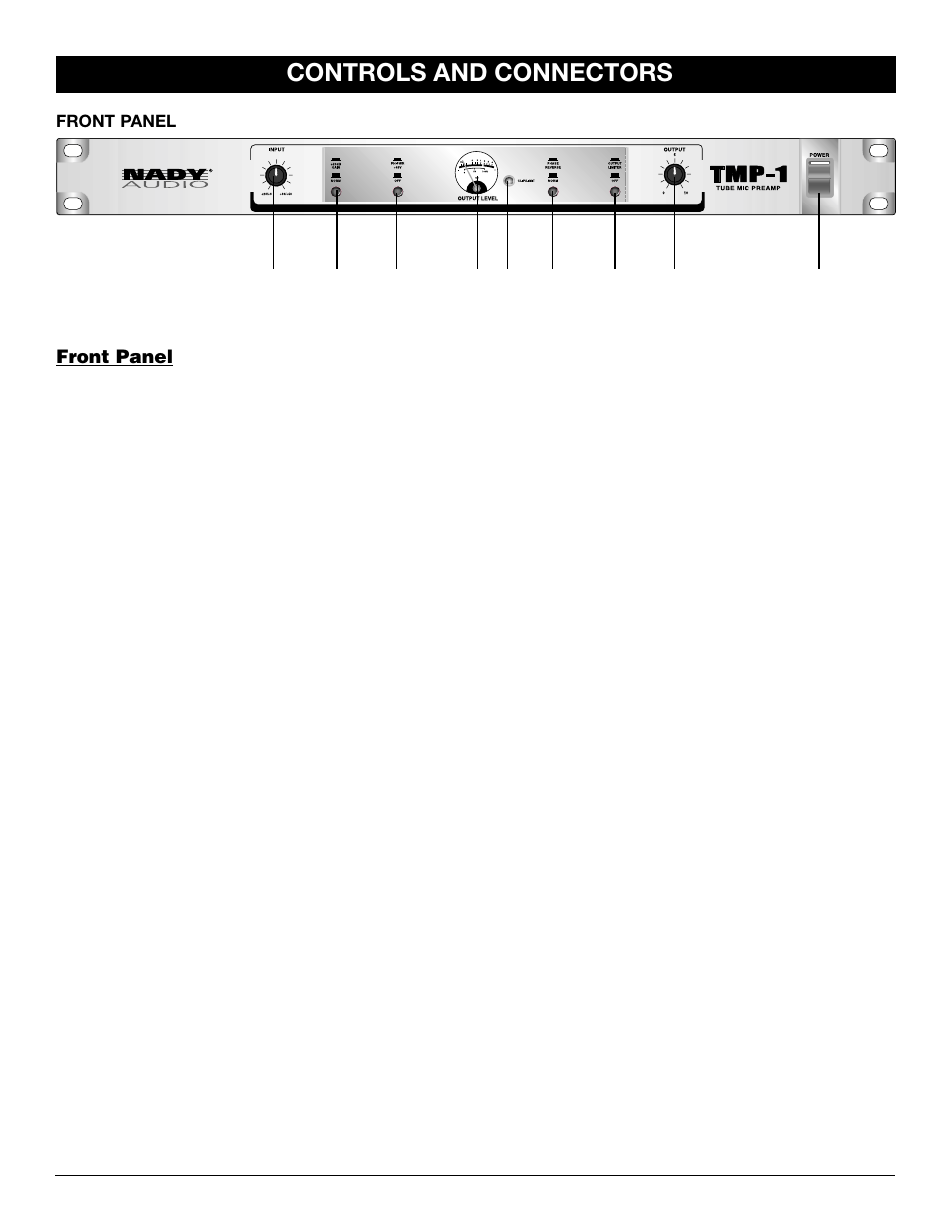 Controls and connectors, Front panel | Nady Systems TMP-1 MICPREAMP User Manual | Page 5 / 8