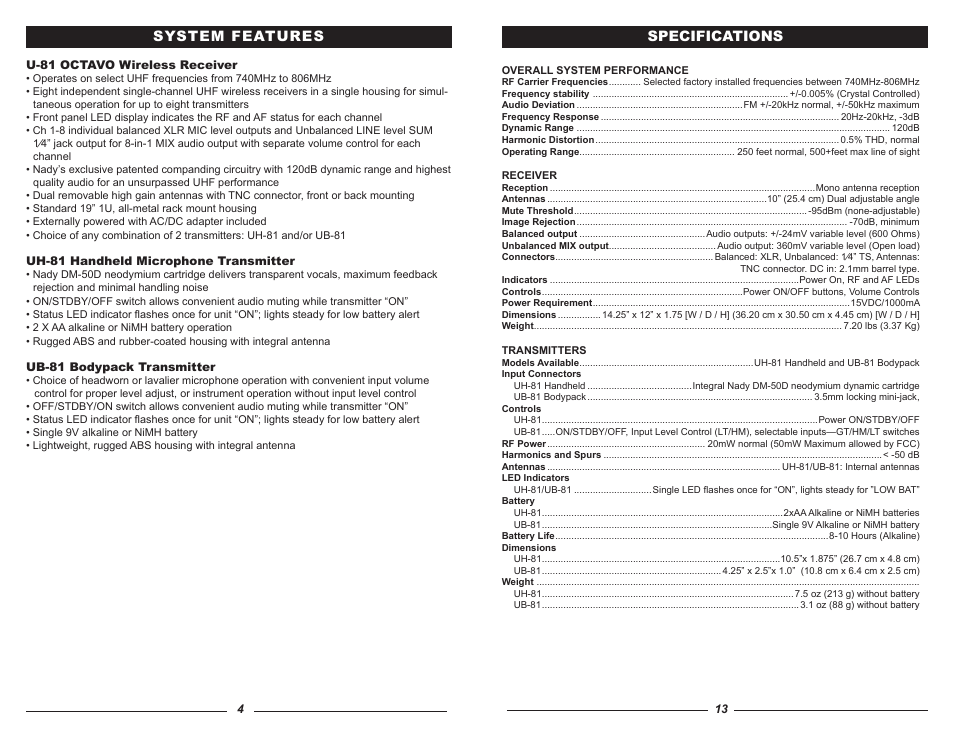 System features, Specifications | Nady Systems OCTAVO U-81 User Manual | Page 4 / 8