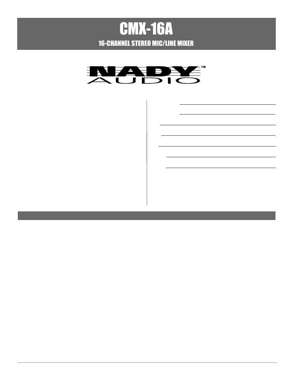 Cmx-16a, Channel stereo mic/line mixer | Nady Systems CMX-16A User Manual | Page 2 / 15