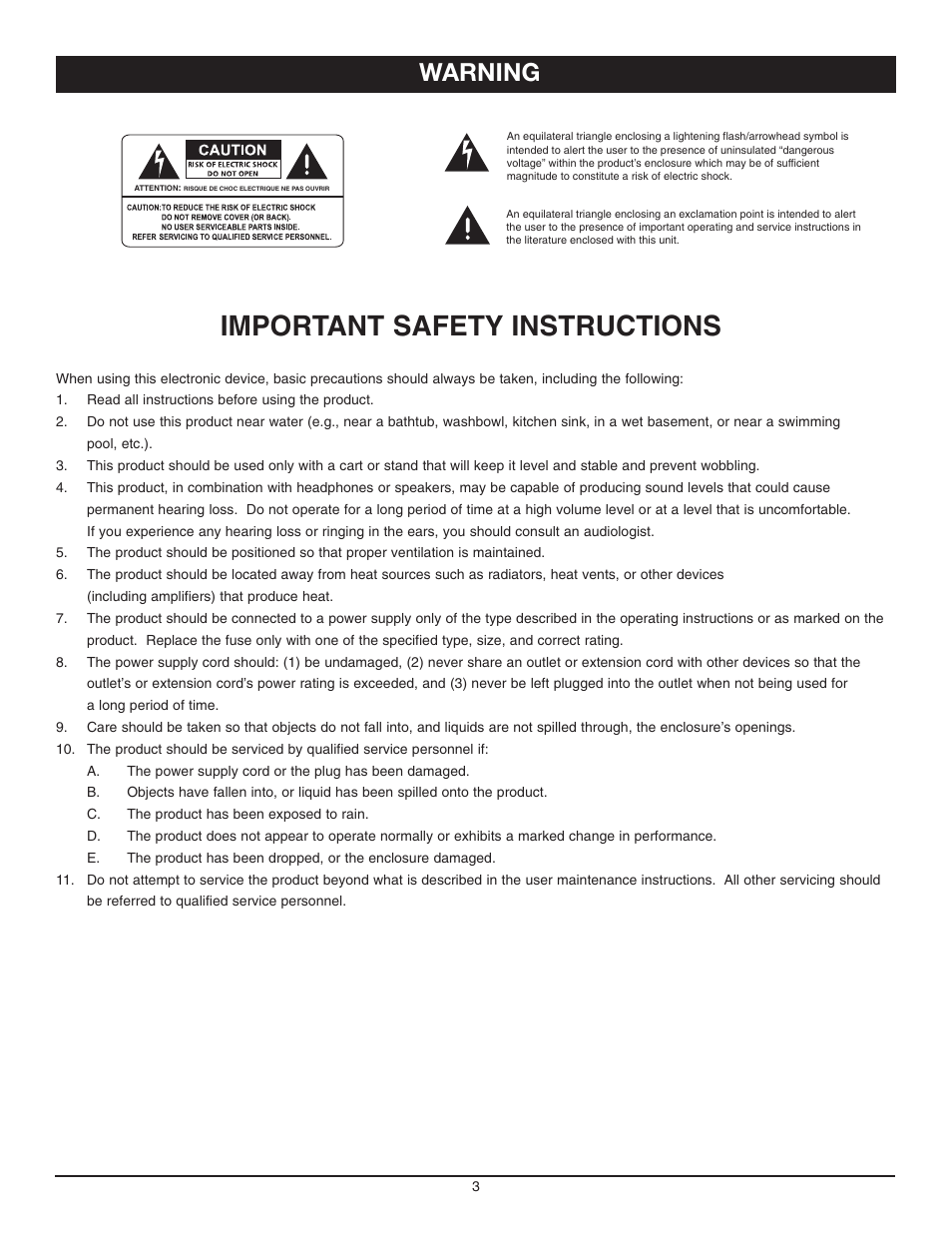 Important safety instructions, Warning | Nady Systems 4180 User Manual | Page 3 / 8