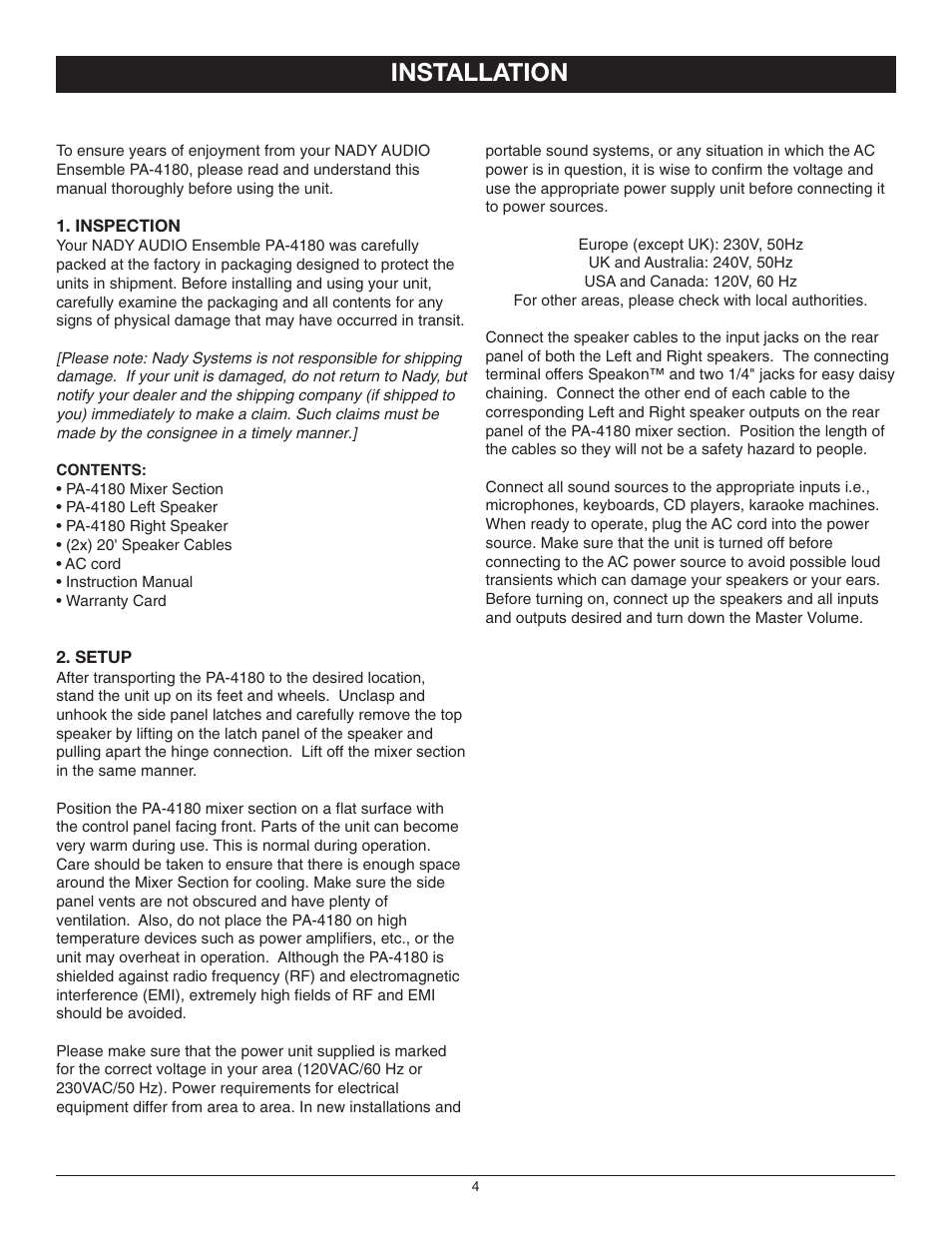Installation | Nady Systems 4180 User Manual | Page 4 / 8