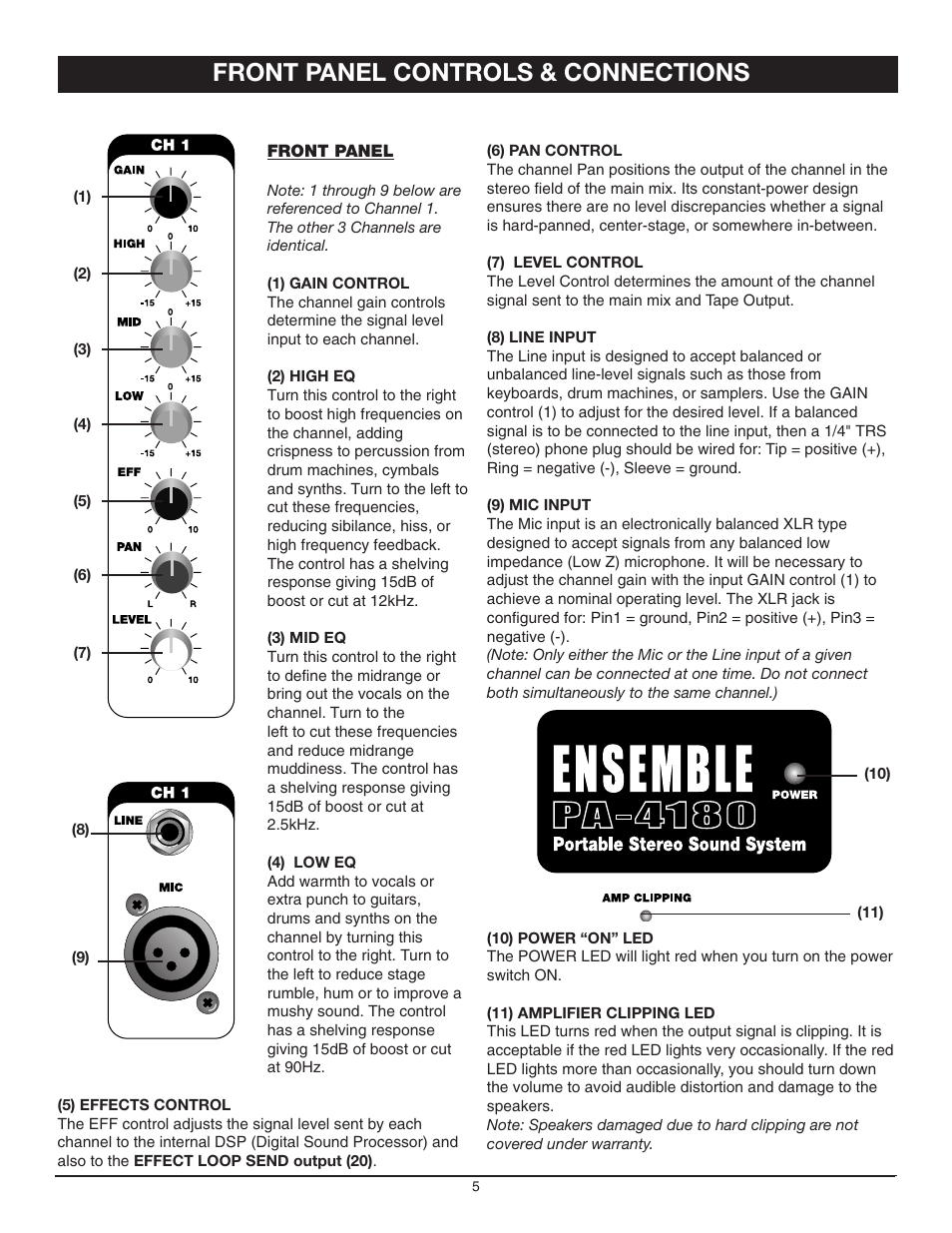 Front panel controls & connections | Nady Systems 4180 User Manual | Page 5 / 8