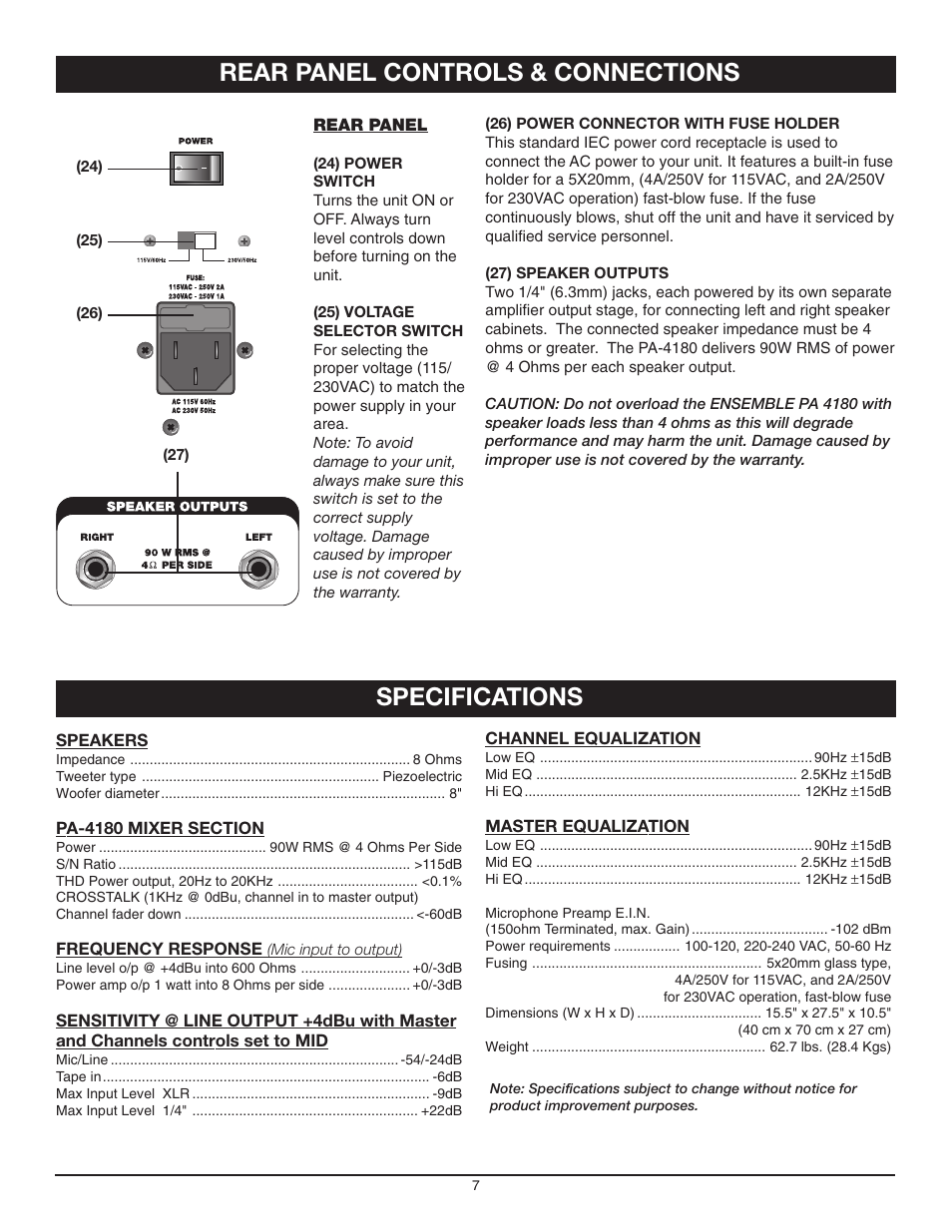 Specifications, Rear panel controls & connections | Nady Systems 4180 User Manual | Page 7 / 8