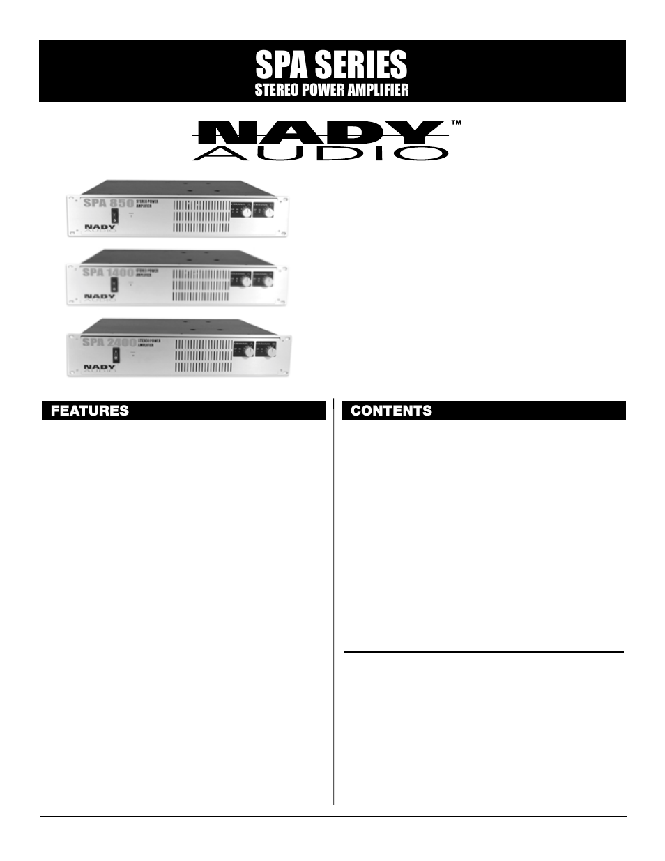 Spa series, Stereo power amplifier, Features contents | Nady Systems SPA 1400 User Manual | Page 2 / 11