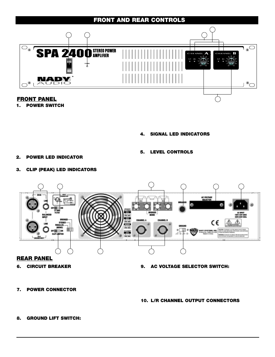 Front and rear controls | Nady Systems SPA 1400 User Manual | Page 4 / 11