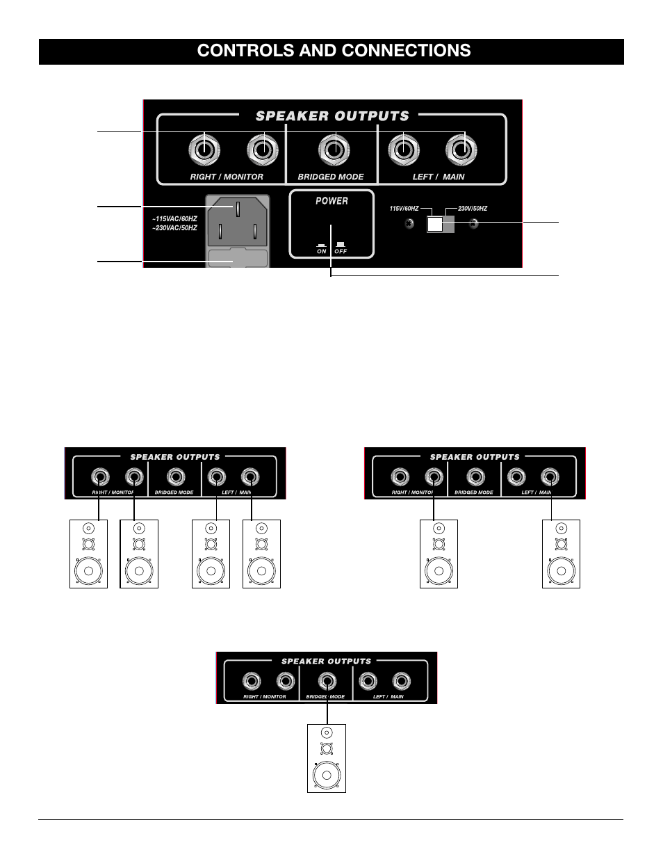 Controls and connections, Speaker connection examples | Nady Systems SPM 6600/8600 User Manual | Page 11 / 15