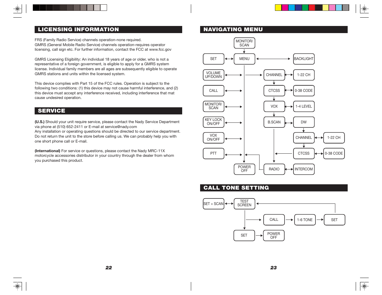 Navigating menu, Call tone setting, Licensing information | Service | Nady Systems Nady MRC-11X User Manual | Page 12 / 13