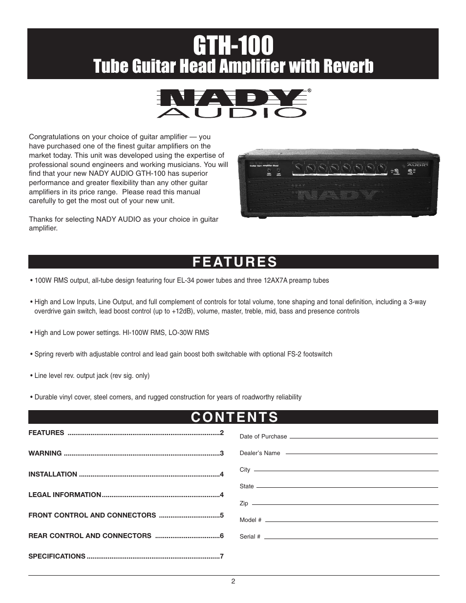 Gth-100, Tube guitar head amplifier with reverb | Nady Systems GTH-100 User Manual | Page 2 / 8