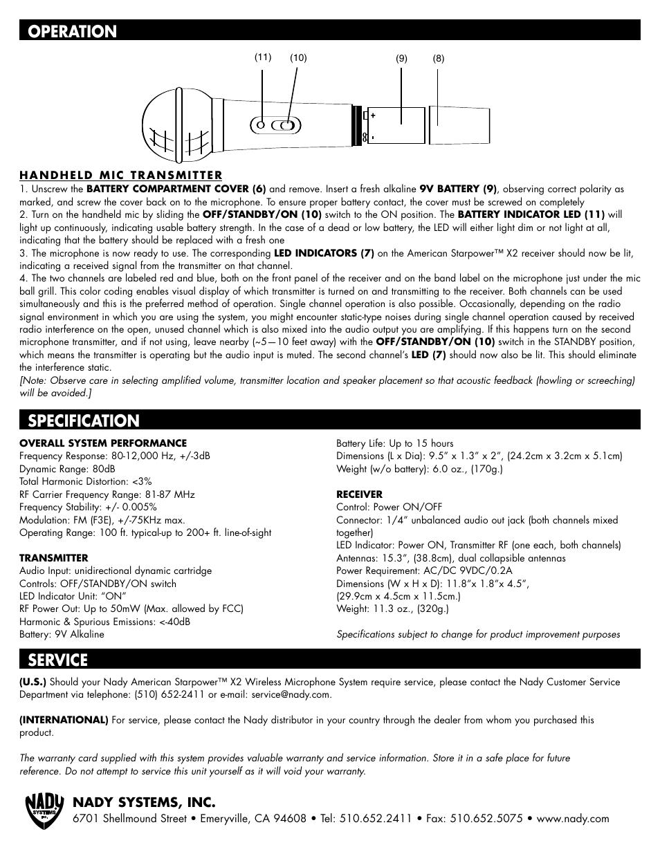 Operation, Specification service, Nady systems, inc | Nady Systems AMERICAN STARPOWER X2 User Manual | Page 2 / 2