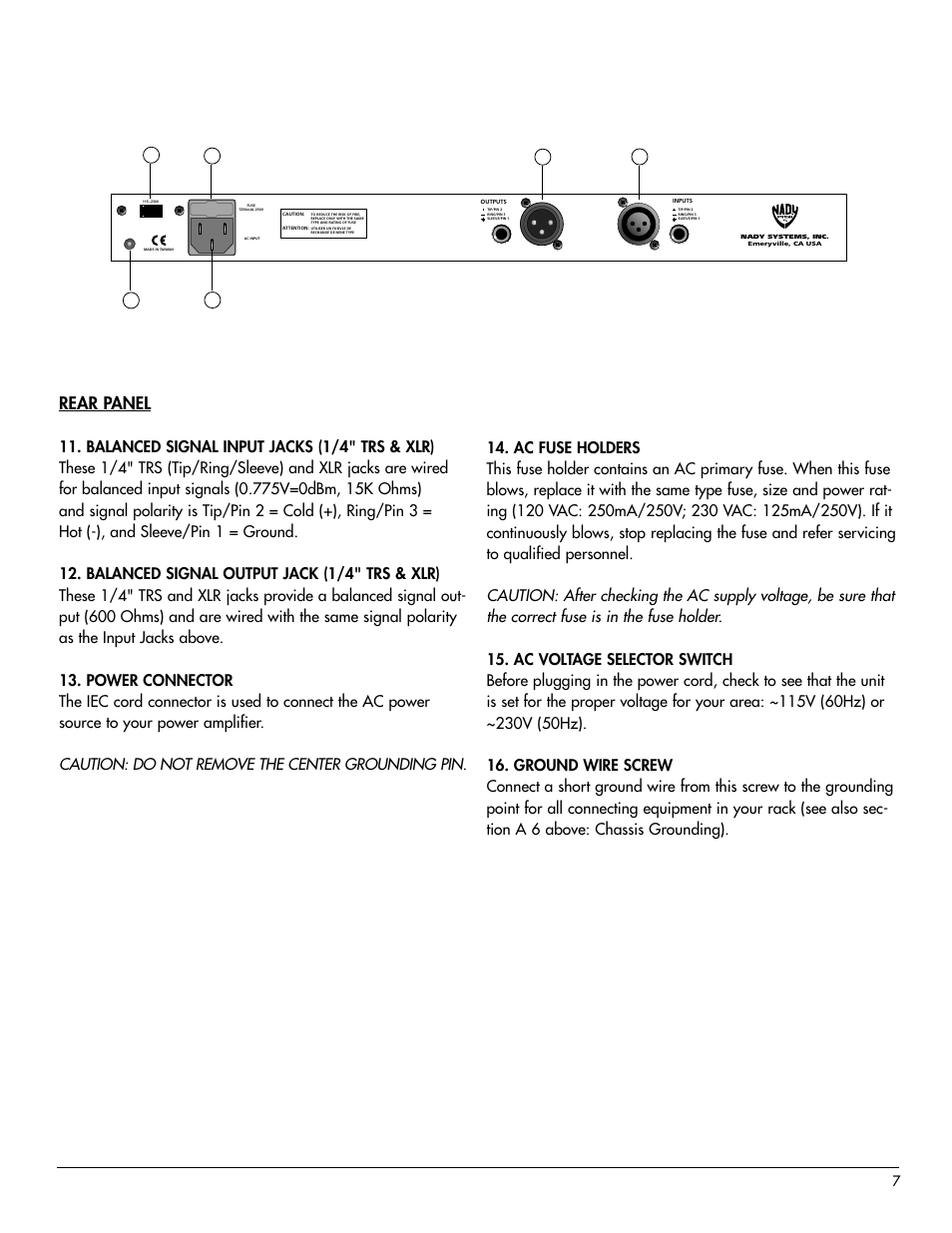 Rear panel | Nady Systems PEQ-5B User Manual | Page 7 / 12
