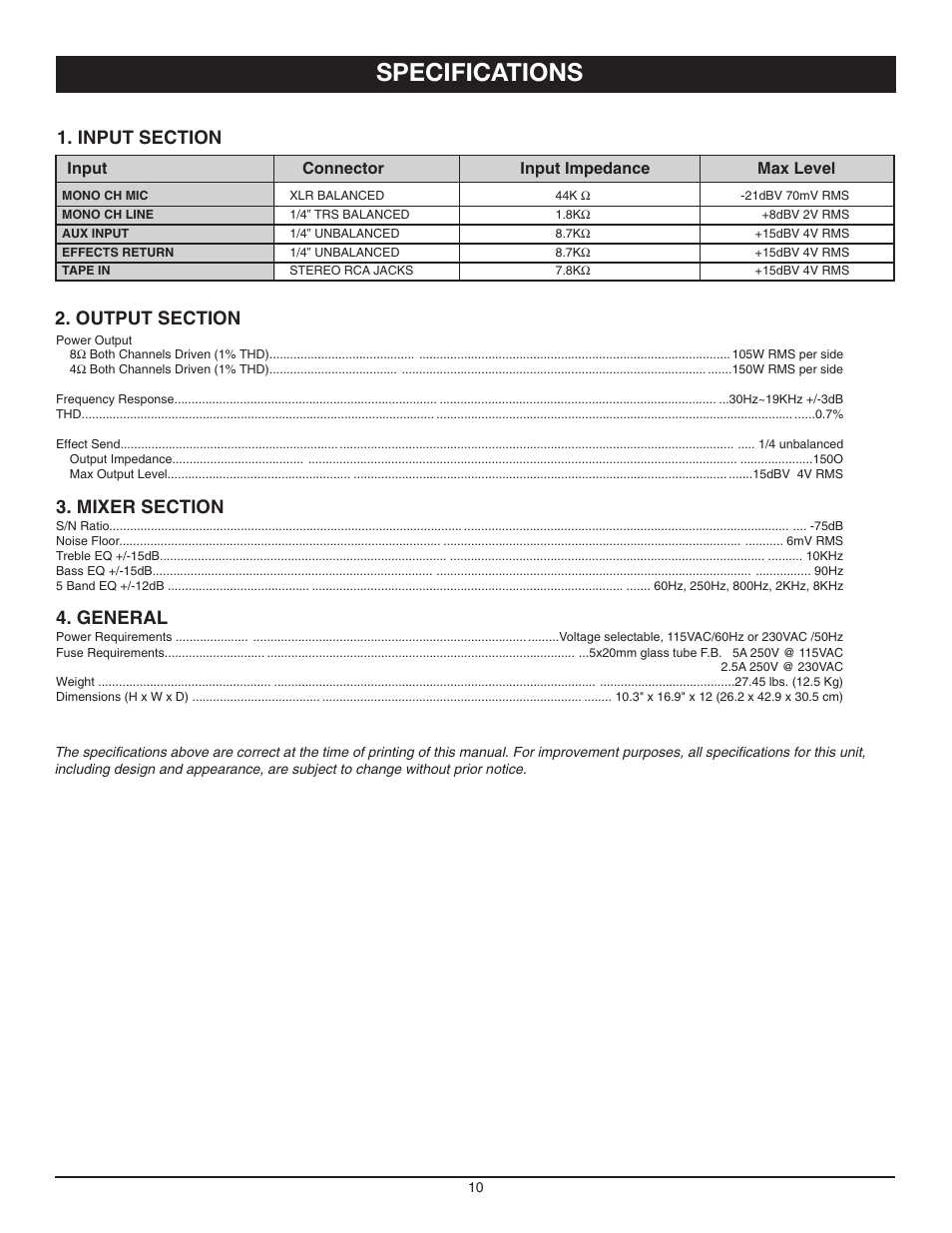 Specifications, General | Nady Systems SPM-6300 User Manual | Page 10 / 12