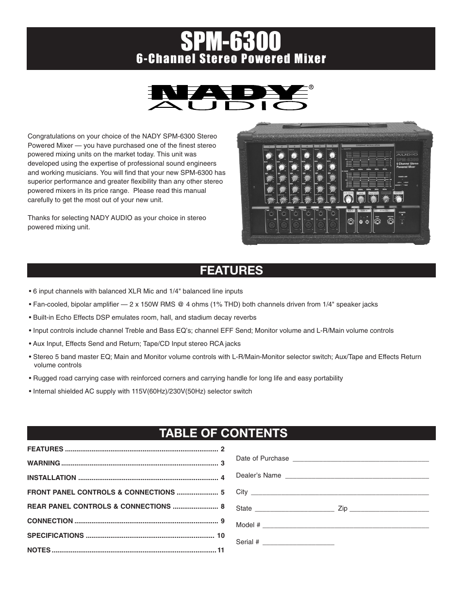 Spm-6300, Channel stereo powered mixer, Features table of contents | Nady Systems SPM-6300 User Manual | Page 2 / 12