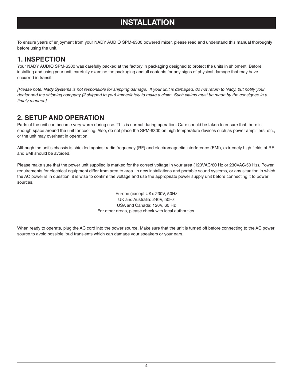 Installation, Inspection, Setup and operation | Nady Systems SPM-6300 User Manual | Page 4 / 12