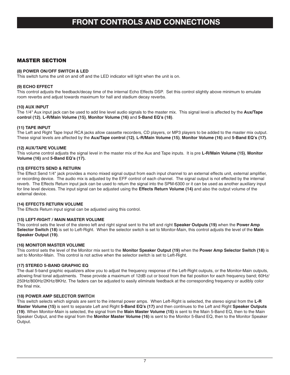 Front controls and connections | Nady Systems SPM-6300 User Manual | Page 7 / 12