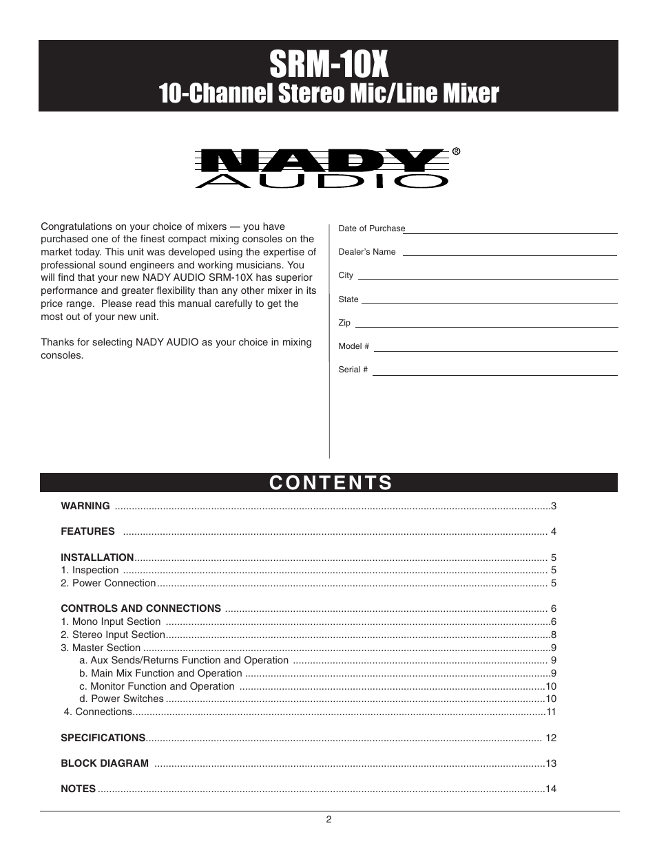 Srm-10x, Channel stereo mic/line mixer | Nady Systems SRM-10X User Manual | Page 2 / 15