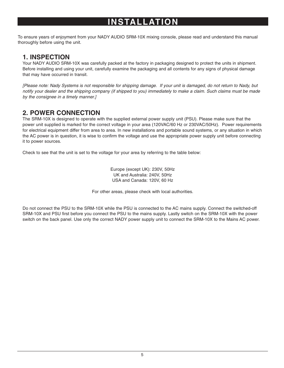 I n s ta l l at i o n, Inspection, Power connection | Nady Systems SRM-10X User Manual | Page 5 / 15