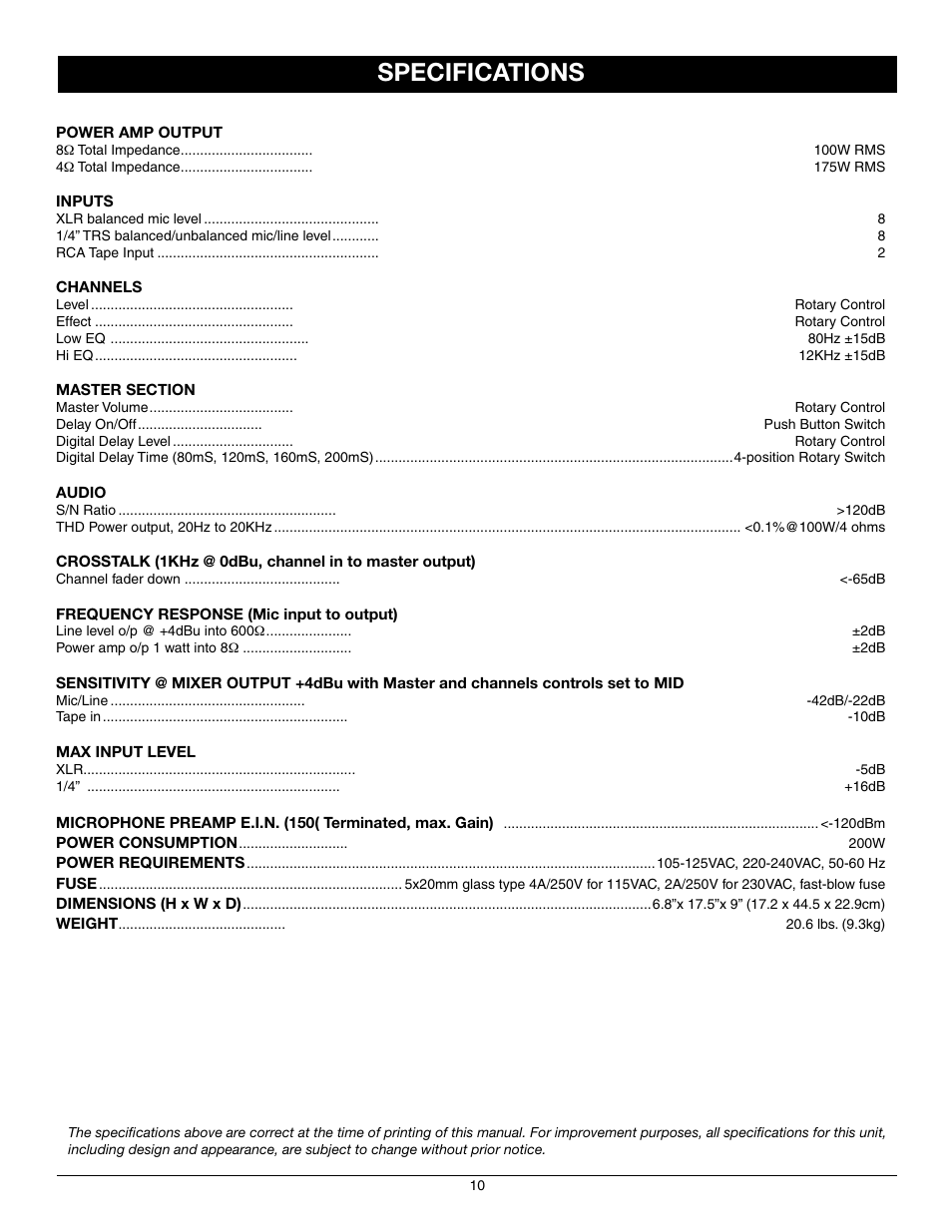 Specifications | Nady Systems MPM 8175 User Manual | Page 10 / 12