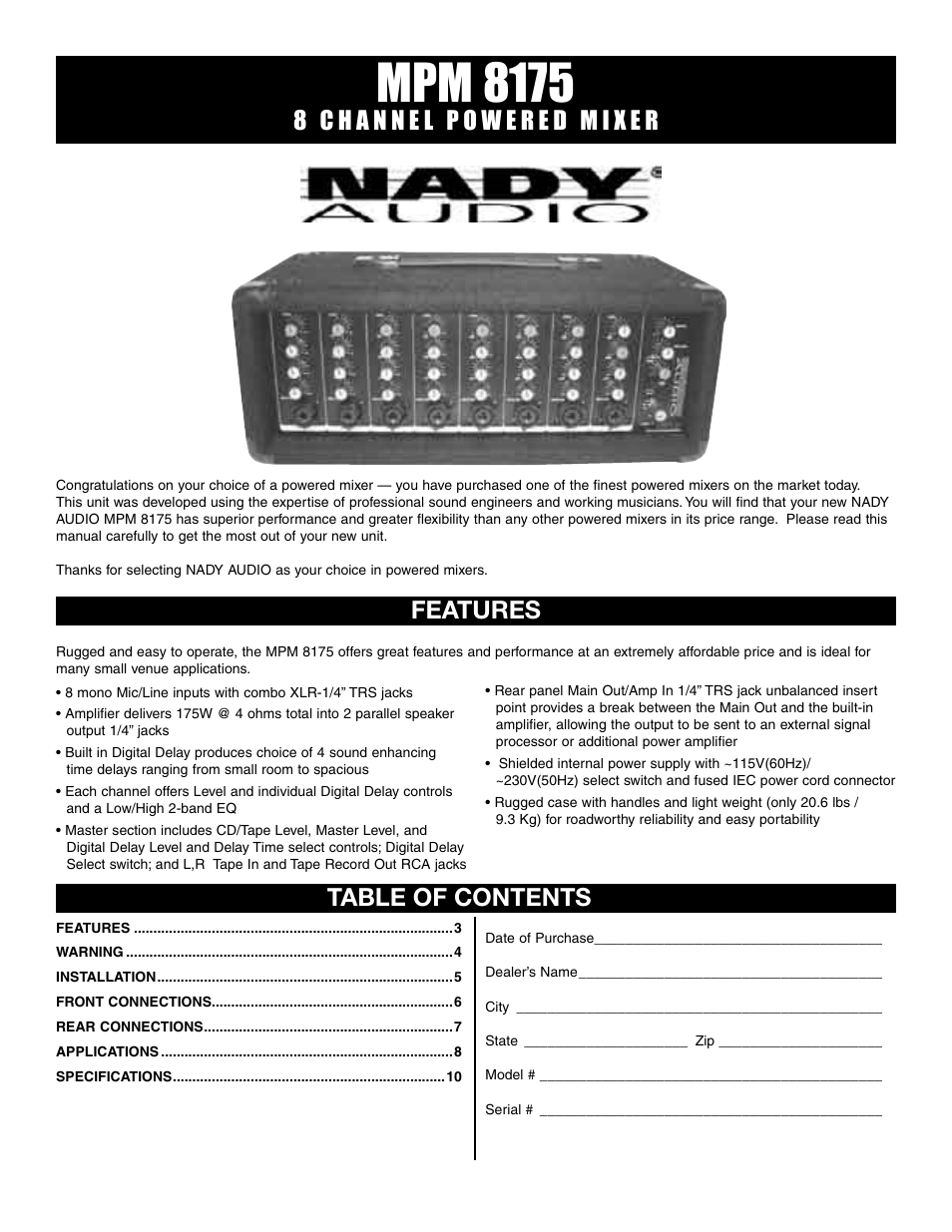 Mpm 8175, Features table of contents | Nady Systems MPM 8175 User Manual | Page 3 / 12