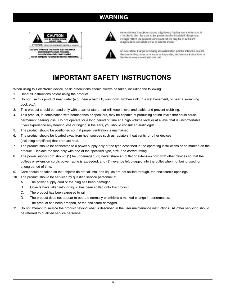 Important safety instructions, Warning | Nady Systems MPM 8175 User Manual | Page 4 / 12