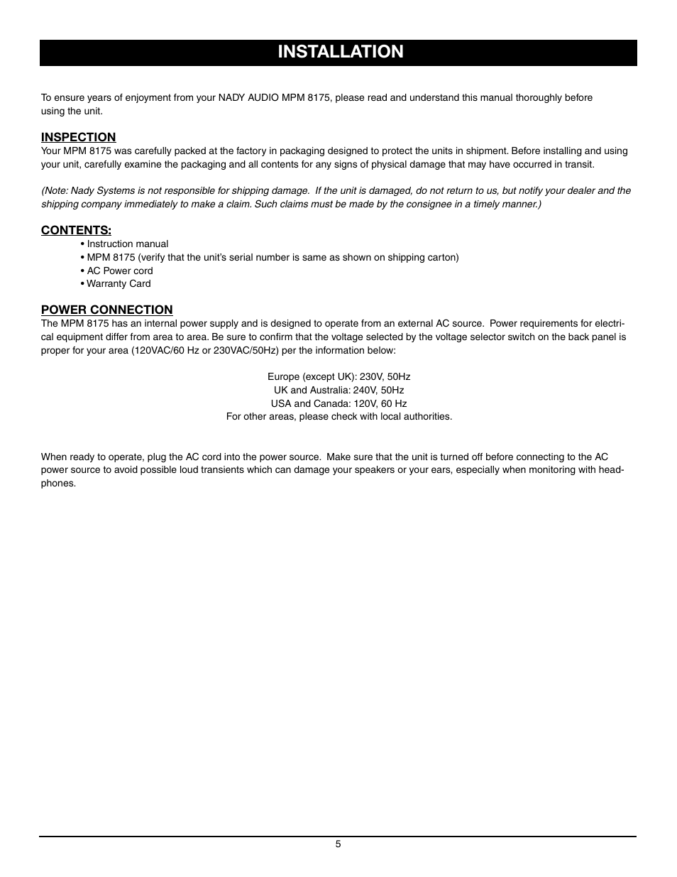 Installation | Nady Systems MPM 8175 User Manual | Page 5 / 12
