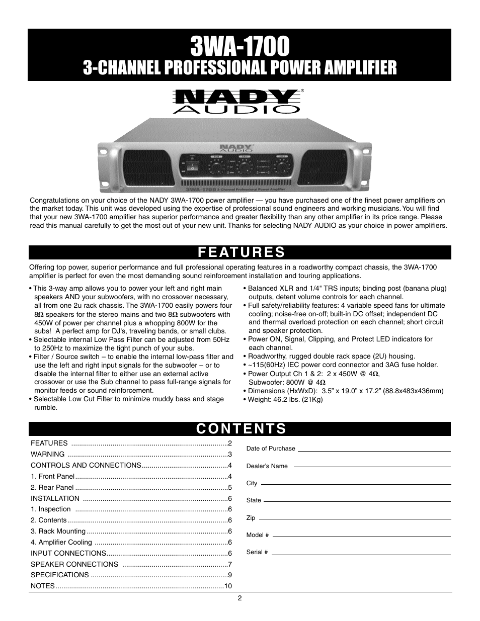 Channel professional power amplifier | Nady Systems 3WA-1700 User Manual | Page 2 / 11