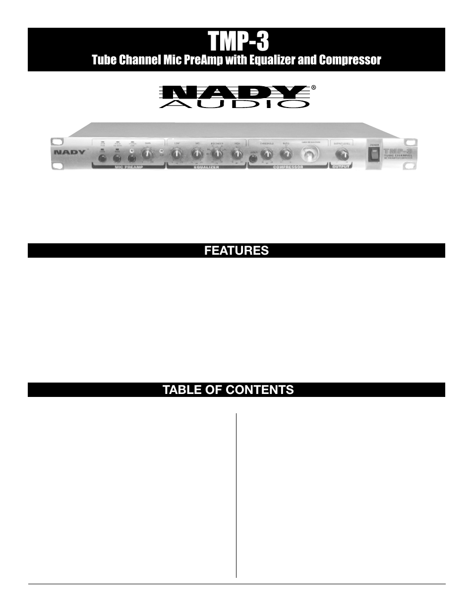 Tmp-3, Features table of contents | Nady Systems TMP-3 User Manual | Page 2 / 8