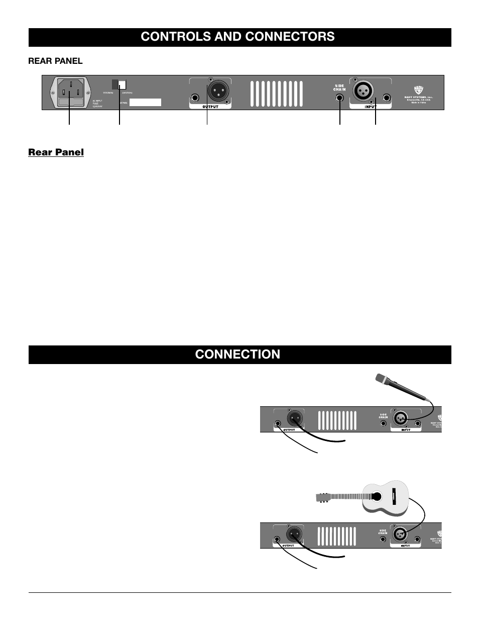 Controls and connectors, Connection, Rear panel | Nady Systems TMP-3 User Manual | Page 6 / 8