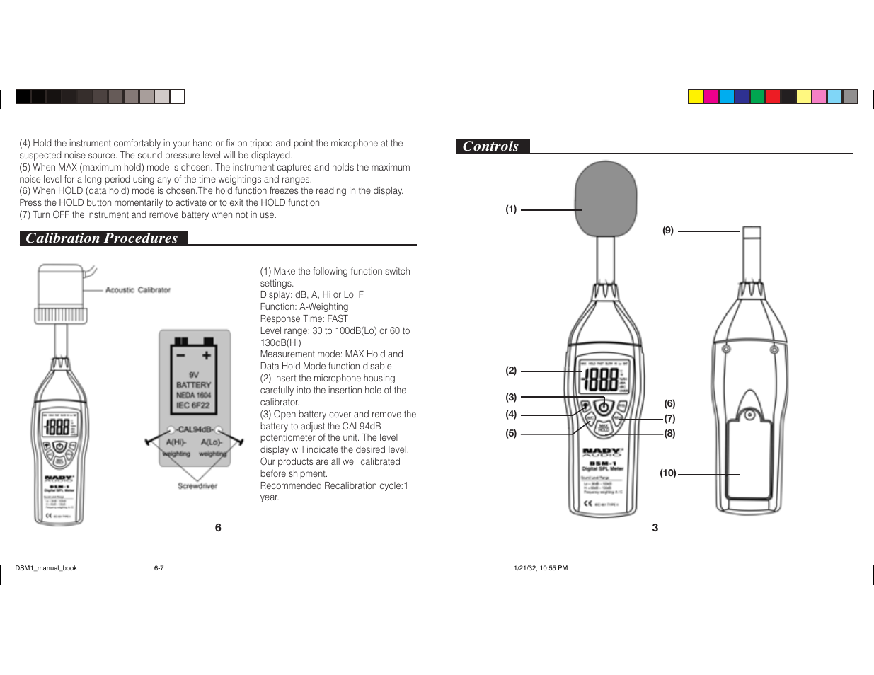 Controls, Calibration procedures | Nady Systems Digital Sound Level Meter DSM-1 User Manual | Page 3 / 4