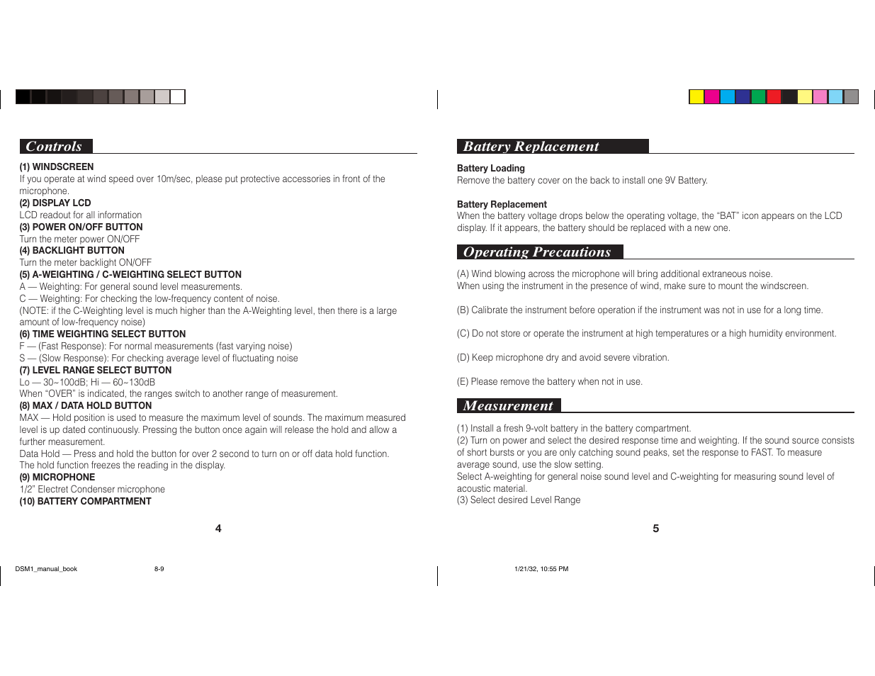 Battery replacement, Operating precautions, Measurement | Controls | Nady Systems Digital Sound Level Meter DSM-1 User Manual | Page 4 / 4