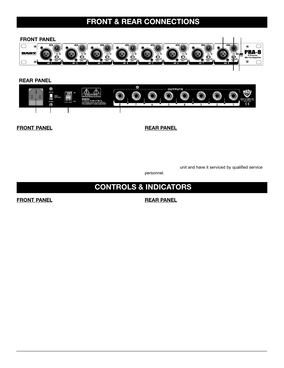 Front & rear connections, Controls & indicators | Nady Systems PRA-8 User Manual | Page 5 / 8