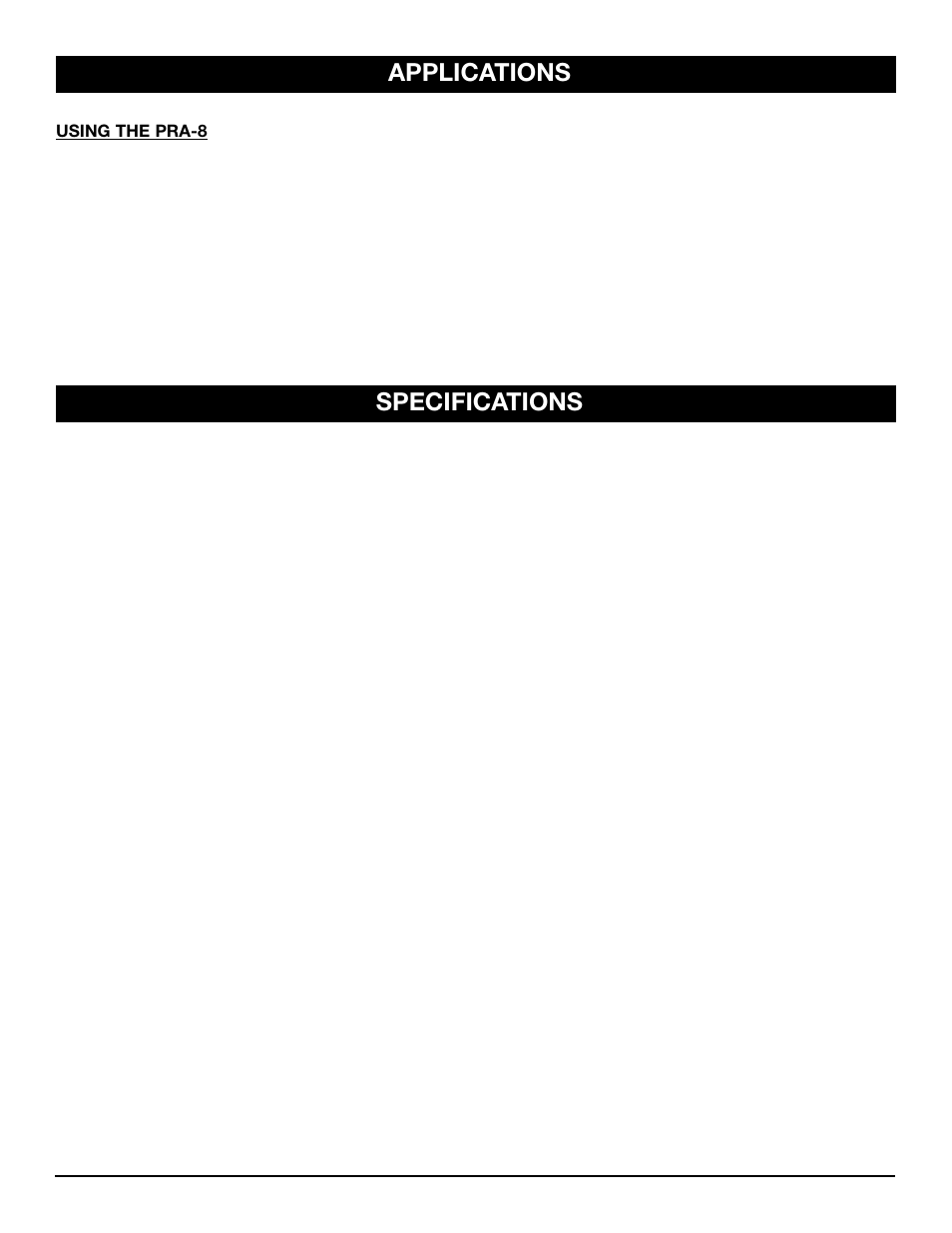 Applications, Specifications | Nady Systems PRA-8 User Manual | Page 6 / 8