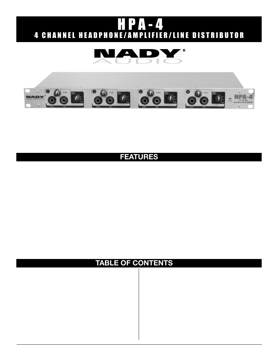 H p a - 4, Features table of contents | Nady Systems HPA-4 User Manual | Page 2 / 8