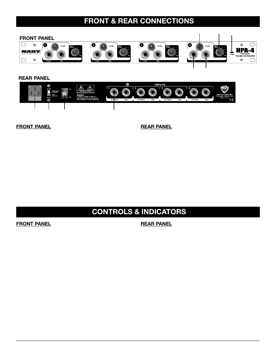 Front & rear connections, Controls & indicators | Nady Systems HPA-4 User Manual | Page 5 / 8