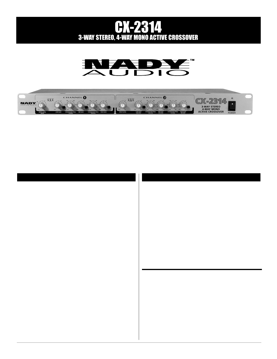 Cx-2314, Way stereo, 4-way mono active crossover | Nady Systems CX-2314 User Manual | Page 2 / 10