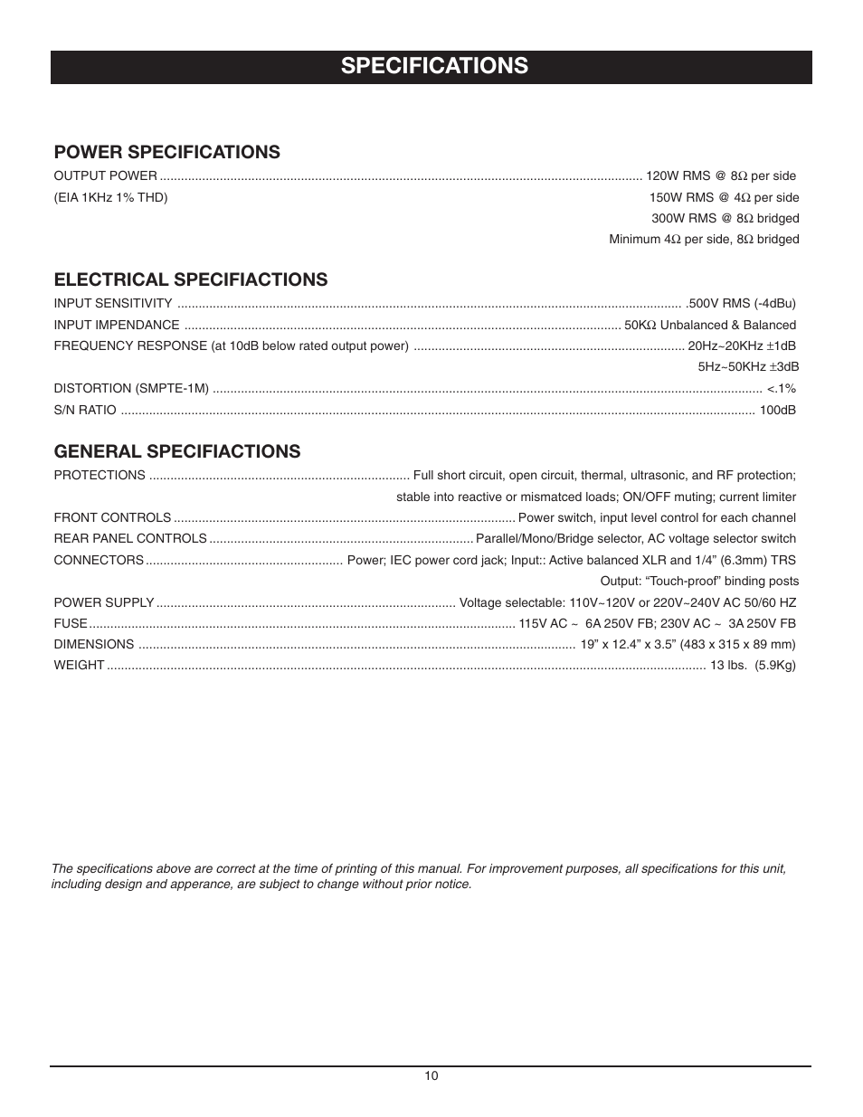 Specifications, Power specifications, Electrical specifiactions | General specifiactions | Nady Systems XA-300 User Manual | Page 10 / 12