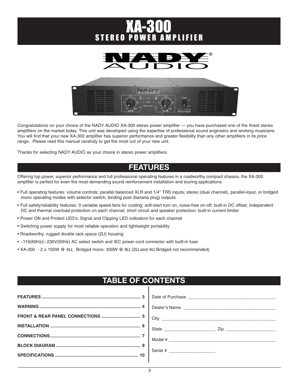 Xa-300, Features table of contents | Nady Systems XA-300 User Manual | Page 3 / 12