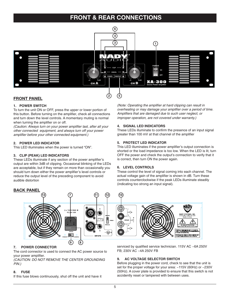 Front & rear connections | Nady Systems XA-300 User Manual | Page 5 / 12
