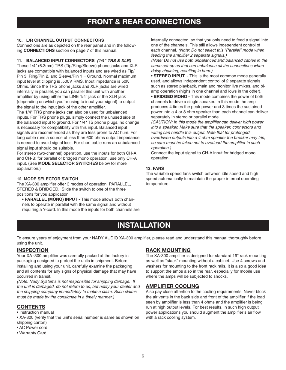 Front & rear connections, Installation | Nady Systems XA-300 User Manual | Page 6 / 12