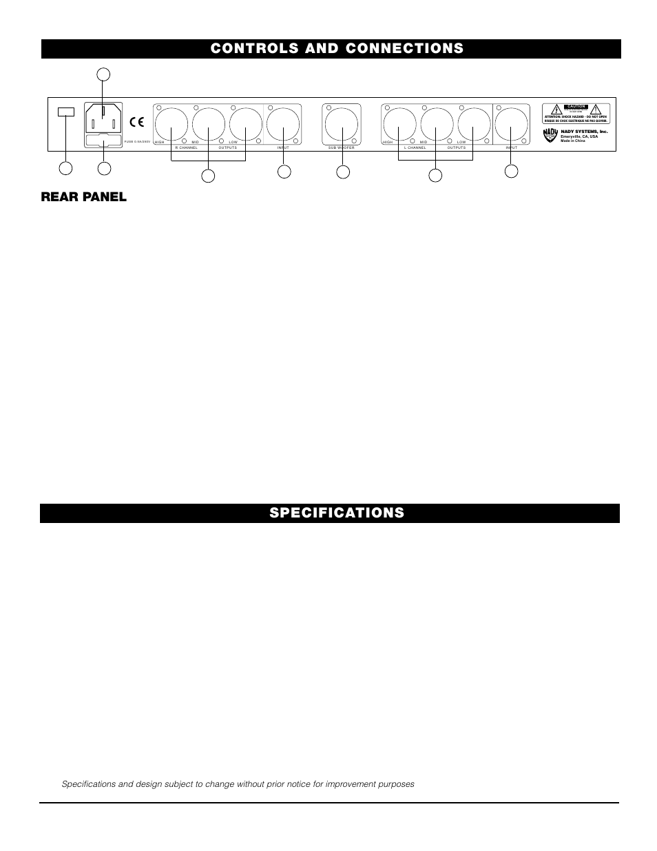 Controls and connections specifications, Rear panel | Nady Systems CX-23SW User Manual | Page 5 / 7