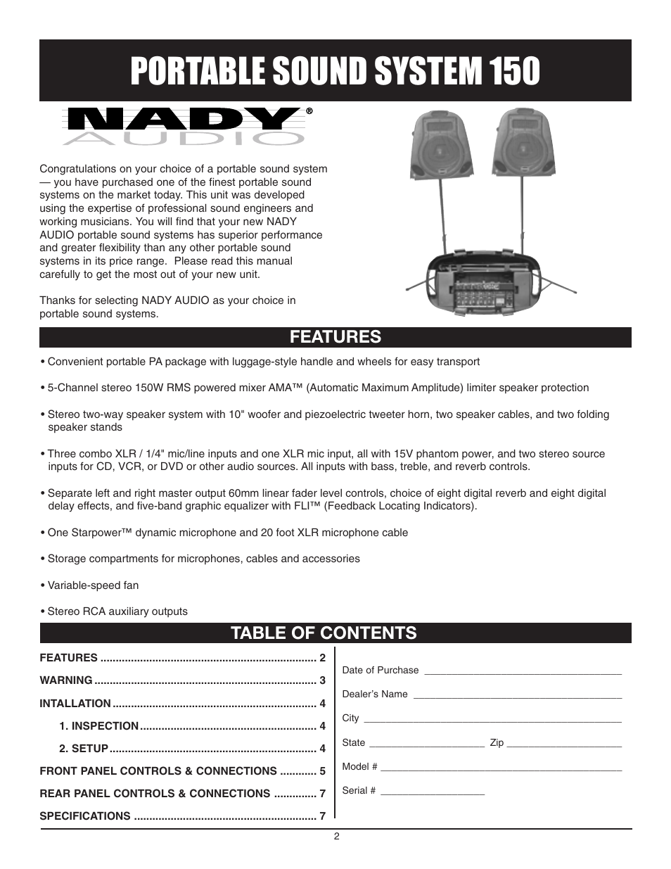 Portable sound system 150, Features table of contents | Nady Systems 150 User Manual | Page 2 / 8