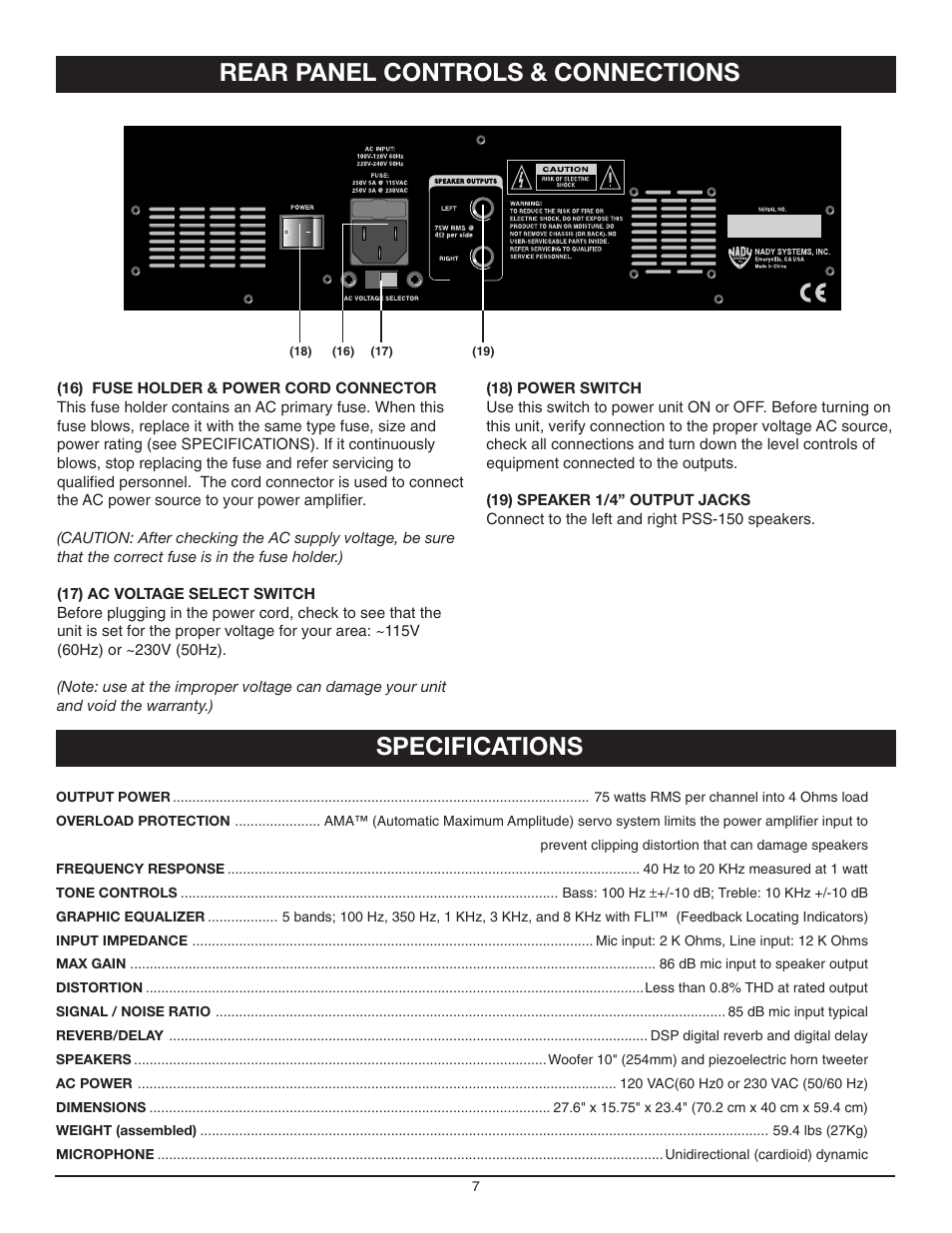 Specifications rear panel controls & connections | Nady Systems 150 User Manual | Page 7 / 8