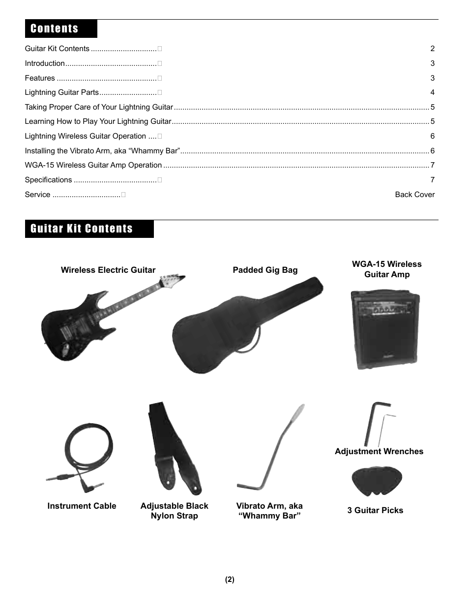 Contents guitar kit contents | Nady Systems Wireless Guitar Kit User Manual | Page 2 / 8